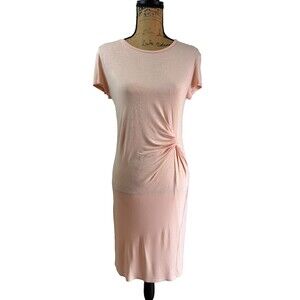 LOGG H&M Women Blush Pink Twist Front Midi Dress Short Sleeve Stretch Knit Sz S